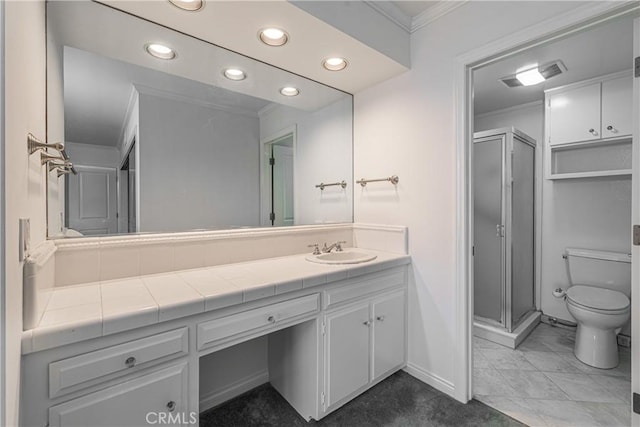 8 Via Subida, Rancho Palos Verdes, CA 90275 - bathroom with crown molding, recessed lighting, vanity, and a stall shower