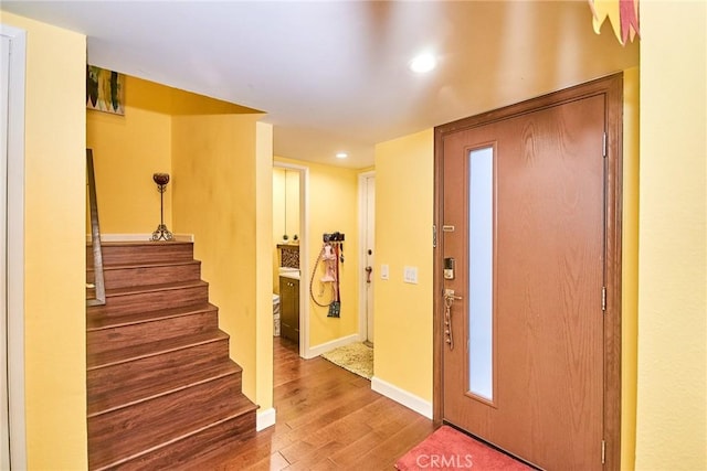 531 Juniper Way, La Habra, CA 90631 - foyer featuring wood finished floors, stairs, and recessed lighting