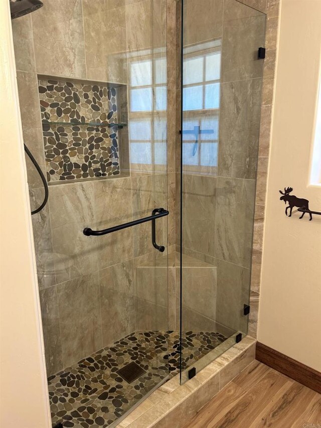 17412 Harrison Park Rd, Julian, CA 92036 - full bath featuring a shower stall and wood finished floors