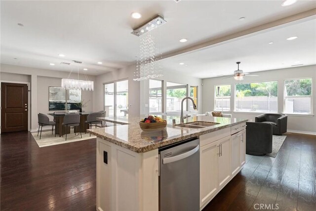 35676 Small Pine Ct, Winchester, CA 92596 - kitchen with dishwasher, open floor plan, an island with sink, dark wood-style floors, and recessed lighting