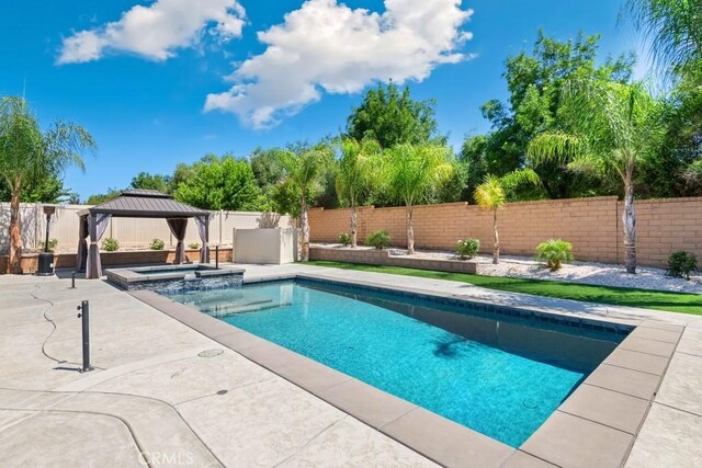 35676 Small Pine Ct, Winchester, CA 92596 - view of swimming pool featuring a gazebo, a fenced backyard, a patio area, and a pool with connected hot tub