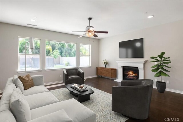 35676 Small Pine Ct, Winchester, CA 92596 - living area featuring a ceiling fan, healthy amount of natural light, dark wood-type flooring, and recessed lighting