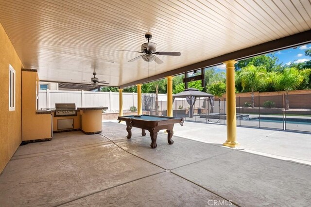 35676 Small Pine Ct, Winchester, CA 92596 - fenced backyard with a gazebo, ceiling fan, a patio, and grilling area