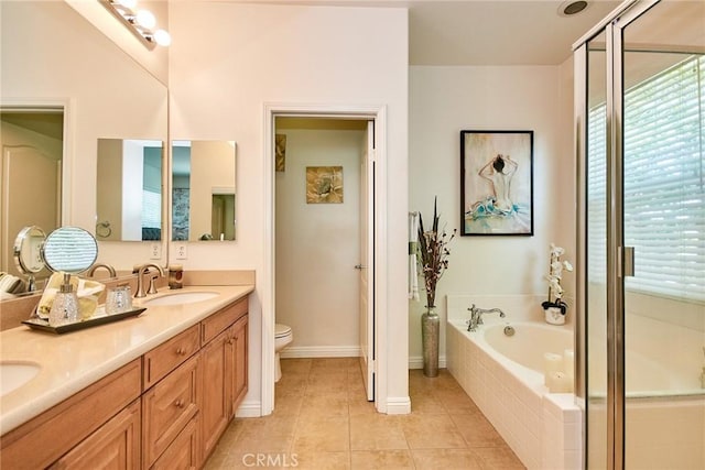 1180 Cornwell Dr, Fullerton, CA 92833 - bathroom with a bath, double vanity, tile patterned flooring, and a shower stall