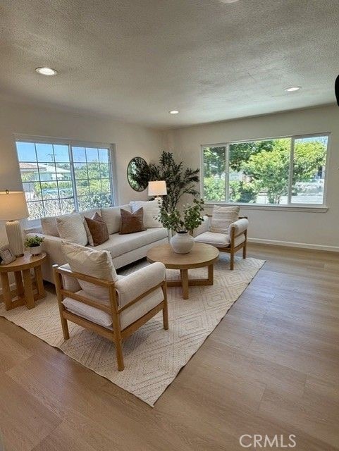 11117 Maidstone Ave, Norwalk, CA 90650 - living room with plenty of natural light, a textured ceiling, light wood-style floors, and recessed lighting