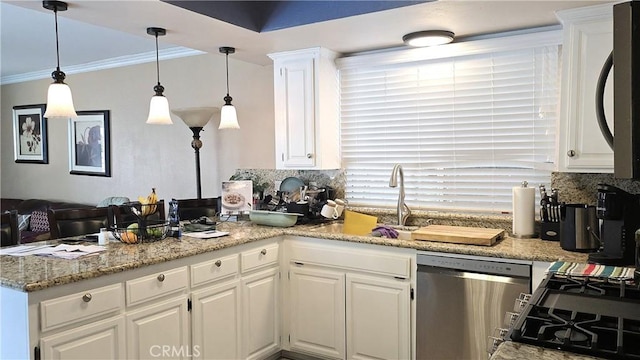 8467 Penfield Ave, Winnetka, CA 91306 - kitchen featuring stainless steel dishwasher, a peninsula, white cabinets, backsplash, and ornamental molding