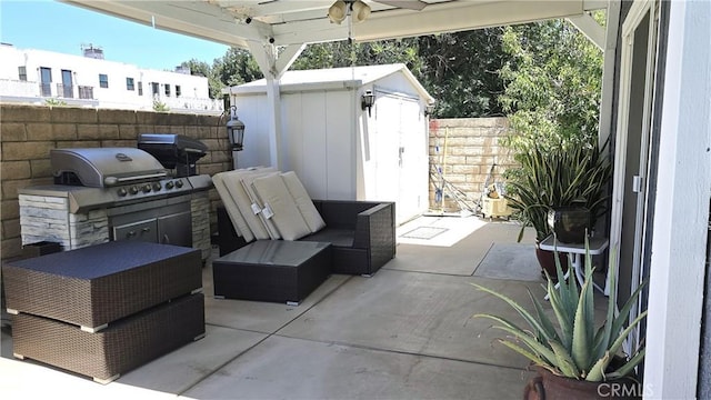 8467 Penfield Ave, Winnetka, CA 91306 - fenced backyard with a patio, a storage shed, and a ceiling fan