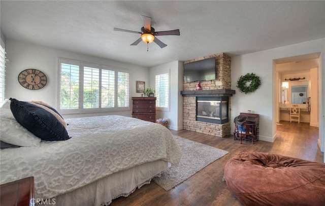 14182 Whitebark Ave, Chino, CA 91710 - bedroom featuring a fireplace, wood finished floors, and ceiling fan
