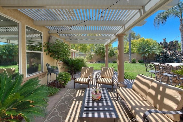 14182 Whitebark Ave, Chino, CA 91710 - fenced backyard with outdoor lounge area, a pergola, and a patio area