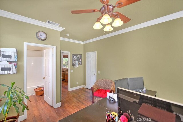 14182 Whitebark Ave, Chino, CA 91710 - office with crown molding, ceiling fan, and wood finished floors