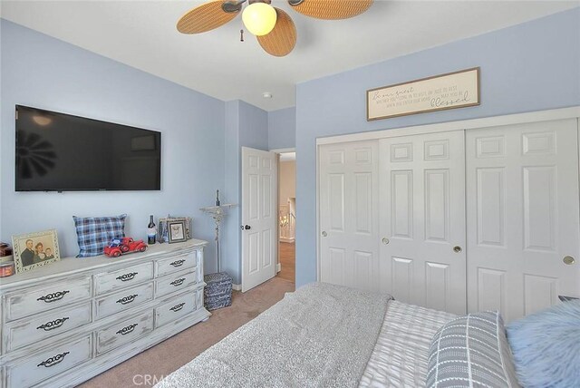14182 Whitebark Ave, Chino, CA 91710 - bedroom featuring light colored carpet, a closet, and ceiling fan