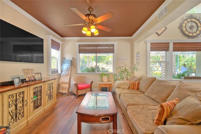 14182 Whitebark Ave, Chino, CA 91710 - living room featuring wood finished floors, ceiling fan, and crown molding