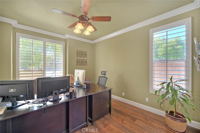 14182 Whitebark Ave, Chino, CA 91710 - home office with wood finished floors, healthy amount of natural light, ceiling fan, and crown molding