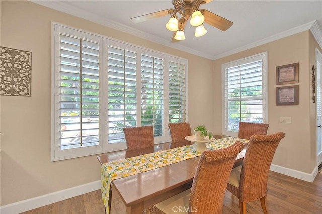 14182 Whitebark Ave, Chino, CA 91710 - dining room with wood finished floors, ornamental molding, and a ceiling fan