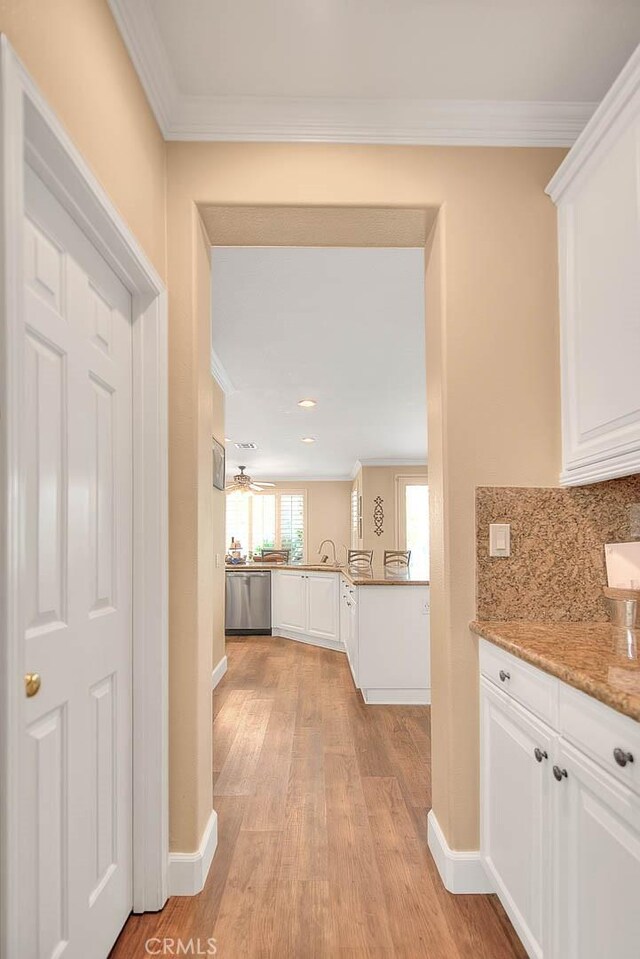 14182 Whitebark Ave, Chino, CA 91710 - corridor with ornamental molding, light wood finished floors, and recessed lighting