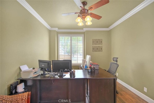 14182 Whitebark Ave, Chino, CA 91710 - home office with wood finished floors, a ceiling fan, and crown molding