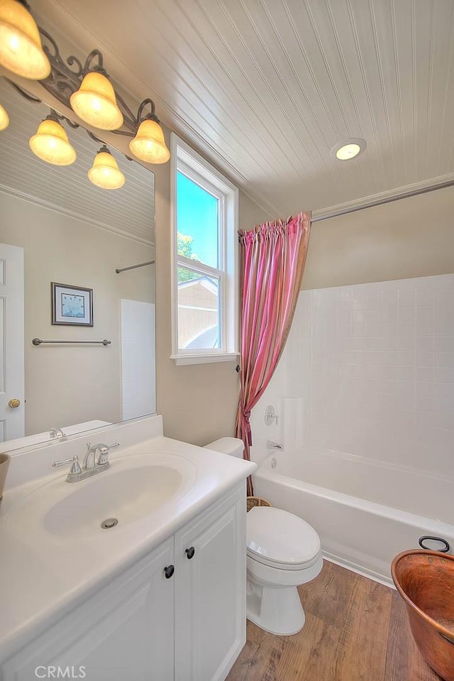 14182 Whitebark Ave, Chino, CA 91710 - full bath with wood ceiling, vanity, shower / bath combination with curtain, and wood finished floors