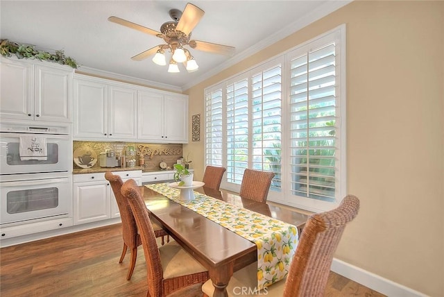 14182 Whitebark Ave, Chino, CA 91710 - dining space with crown molding, wood finished floors, and a ceiling fan