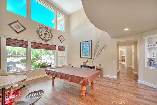 14182 Whitebark Ave, Chino, CA 91710 - recreation room with billiards, light wood-style flooring, a high ceiling, and recessed lighting