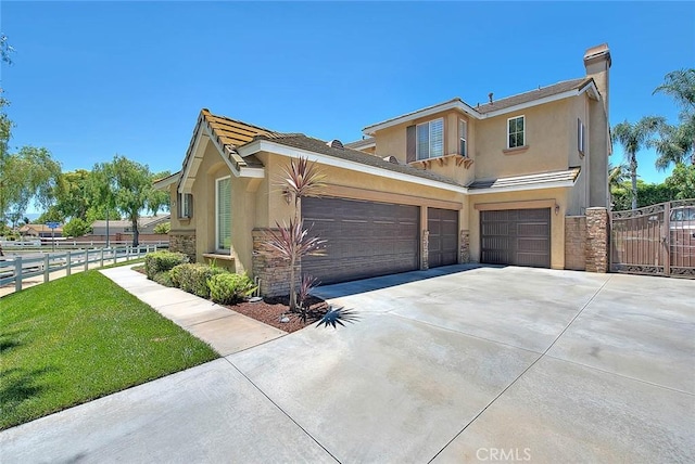 14182 Whitebark Ave, Chino, CA 91710 - view of front of home featuring stucco siding, stone siding, driveway, a chimney, and a garage