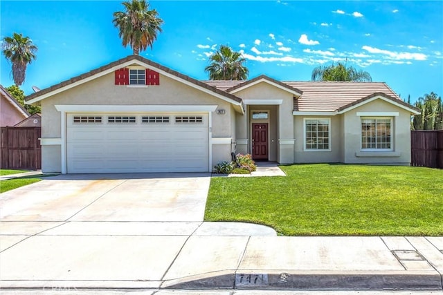7471 Windrose Dr, Highland, CA 92346 - single story home featuring an attached garage, driveway, stucco siding, and a tile roof