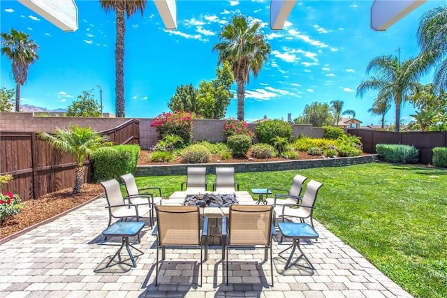7471 Windrose Dr, Highland, CA 92346 - fenced backyard featuring a patio area and outdoor dining space
