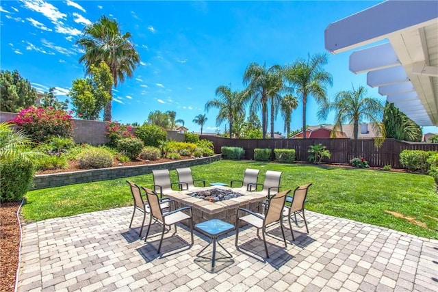 7471 Windrose Dr, Highland, CA 92346 - fenced backyard with an outdoor fire pit and a patio