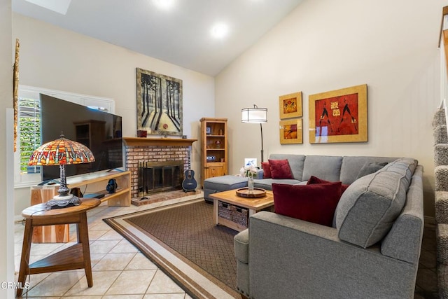 6613 Sargent Ln Unit 86, Ventura, CA 93003 - living area featuring high vaulted ceiling, a brick fireplace, light tile patterned floors, and recessed lighting
