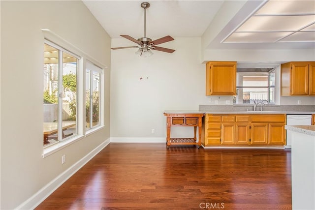 769 Amber Sky St, Banning, CA 92220 - kitchen featuring light countertops, ceiling fan, dark wood-type flooring, and dishwasher