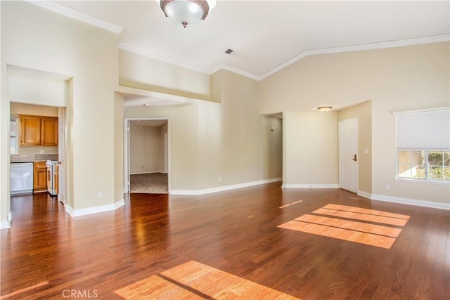 769 Amber Sky St, Banning, CA 92220 - unfurnished living room featuring ornamental molding, dark wood-style floors, and high vaulted ceiling