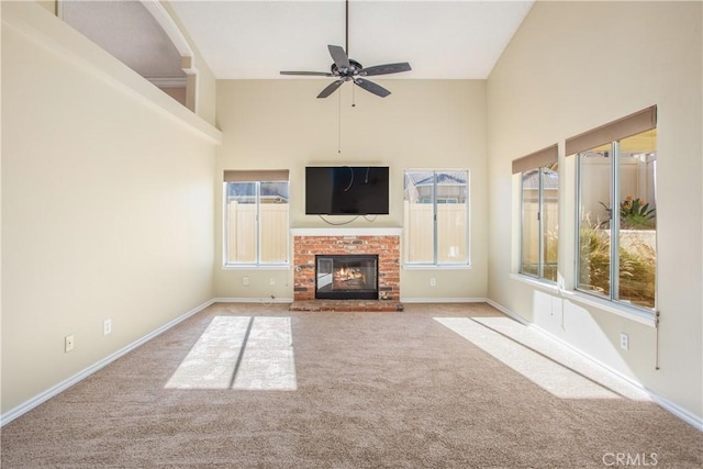 769 Amber Sky St, Banning, CA 92220 - unfurnished living room with carpet, healthy amount of natural light, a ceiling fan, and high vaulted ceiling