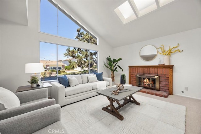 18312 Hartlund Ln, Huntington Beach, CA 92646 - living room with high vaulted ceiling, a fireplace, and carpet flooring
