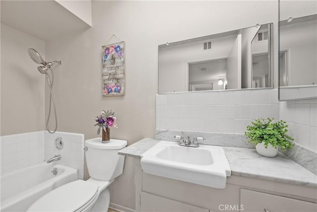 26480 Ridgemoor Rd, Menifee, CA 92586 - bathroom with vanity, shower / bath combination, and tasteful backsplash