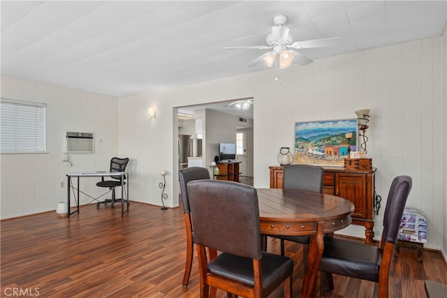 26480 Ridgemoor Rd, Menifee, CA 92586 - dining room featuring wood finished floors, a ceiling fan, and a wall unit AC