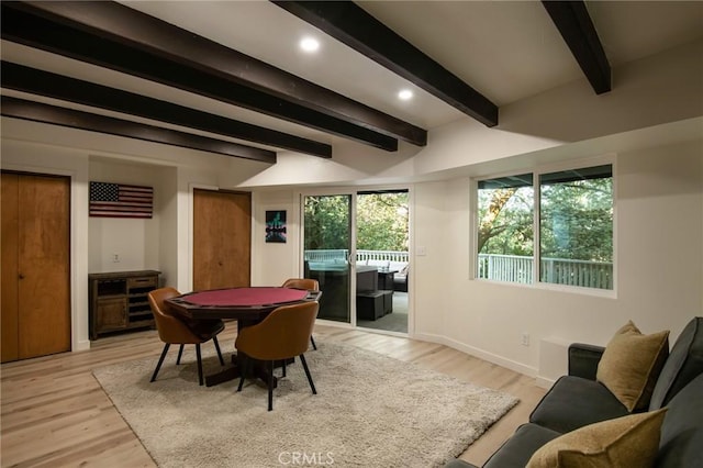 27984 St Bernard Ln, Lake Arrowhead, CA 92352 - dining room with beamed ceiling, light wood finished floors, and recessed lighting