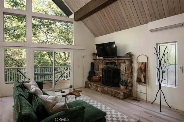 27984 St Bernard Ln, Lake Arrowhead, CA 92352 - living area with a wall unit AC, high vaulted ceiling, wood finished floors, a stone fireplace, and a wood ceiling with exposed beams