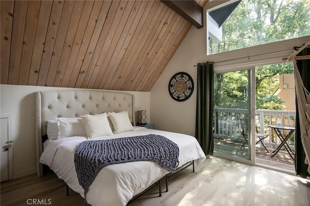 27984 St Bernard Ln, Lake Arrowhead, CA 92352 - bedroom with wood finished floors, access to exterior, and wooden ceiling