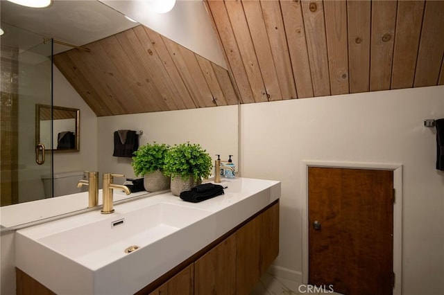 27984 St Bernard Ln, Lake Arrowhead, CA 92352 - full bath with double vanity, a shower stall, and vaulted ceiling