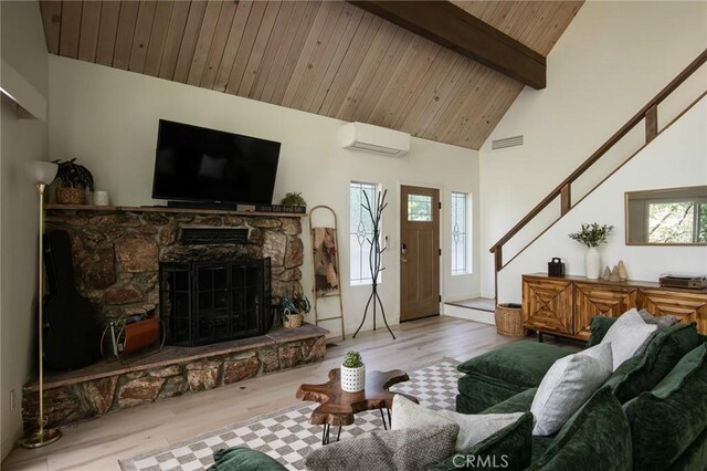 27984 St Bernard Ln, Lake Arrowhead, CA 92352 - living area with a wall unit AC, stairs, wood ceiling, wood finished floors, and a fireplace