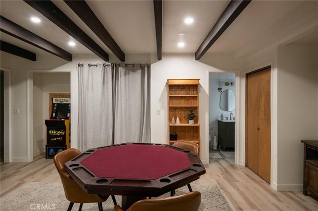 27984 St Bernard Ln, Lake Arrowhead, CA 92352 - recreation room with light wood-type flooring, beam ceiling, and recessed lighting