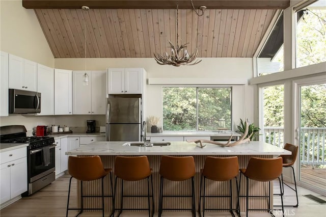 27984 St Bernard Ln, Lake Arrowhead, CA 92352 - kitchen featuring appliances with stainless steel finishes, white cabinetry, a chandelier, plenty of natural light, and wood ceiling