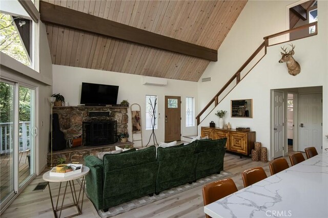 27984 St Bernard Ln, Lake Arrowhead, CA 92352 - living area featuring high vaulted ceiling, light wood finished floors, a stone fireplace, a wall unit AC, and a wood ceiling with exposed beams