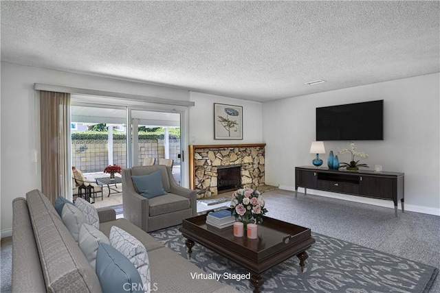 12682 Saint Mark St, Garden Grove, CA 92845 - carpeted living area with a textured ceiling and a stone fireplace