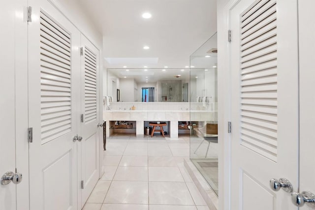 32423 Womsi Rd, Pauma Valley, CA 92061 - full bath featuring tile patterned floors, a stall shower, a closet, recessed lighting, and double vanity