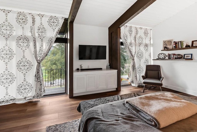 32423 Womsi Rd, Pauma Valley, CA 92061 - bedroom with access to exterior, multiple windows, wood finished floors, and wooden ceiling