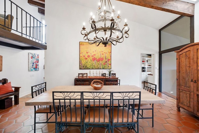 32423 Womsi Rd, Pauma Valley, CA 92061 - tiled dining area featuring high vaulted ceiling and a chandelier
