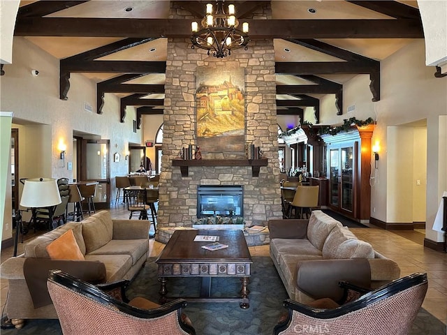 3110 Via Serena S Unit Q, Laguna Woods, CA 92637 - tiled living area with high vaulted ceiling, beamed ceiling, a stone fireplace, and a chandelier