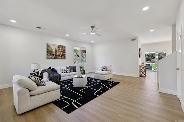 5471 Papagallo Dr, Oceanside, CA 92057 - living room with light wood finished floors, a ceiling fan, and recessed lighting