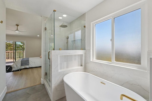 5471 Papagallo Dr, Oceanside, CA 92057 - ensuite bathroom with a freestanding tub, a ceiling fan, a stall shower, recessed lighting, and tile patterned floors