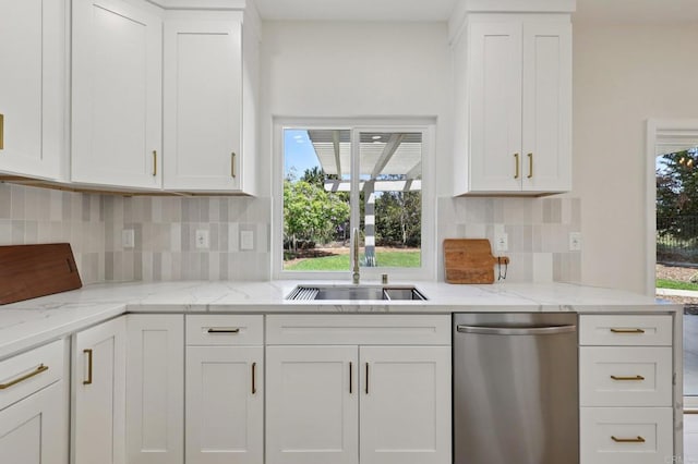 5471 Papagallo Dr, Oceanside, CA 92057 - kitchen featuring dishwasher, white cabinetry, decorative backsplash, and light stone counters